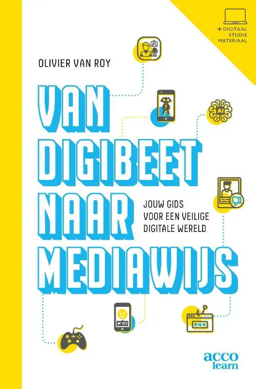 Blauwe en witte grafische boekomslag met digitale media-iconen voor van digibeet naar mediawijs van acco uitgeverij
