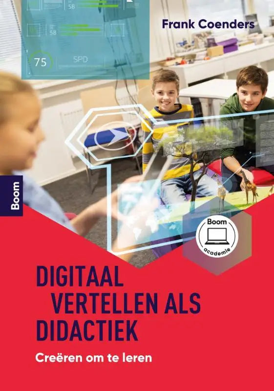Boekcover digitaal vertellen als didactiek met rode achtergrond, blauwe tekst, auteur frank coenders, uitgever boom acad