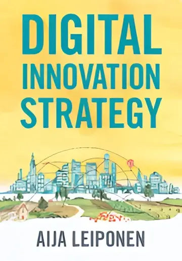 The book cover of digital innovation strategy features bold teal letters with an illustrated cityscape below