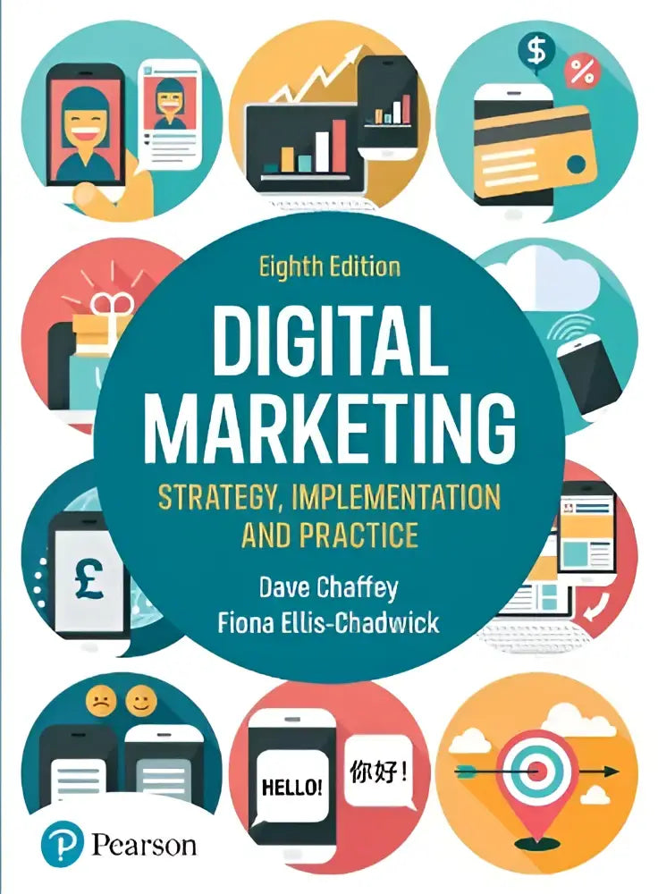 De omslag van het digitale marketingboek editie acht door dave chaffey en fiona ellis-chadwick over strategieën