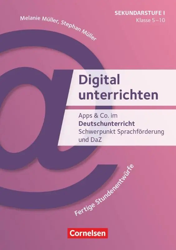 Roze boekcover van digital unterrichten met een grote paarse apenstaart en auteurs melanie müller en stephan müller