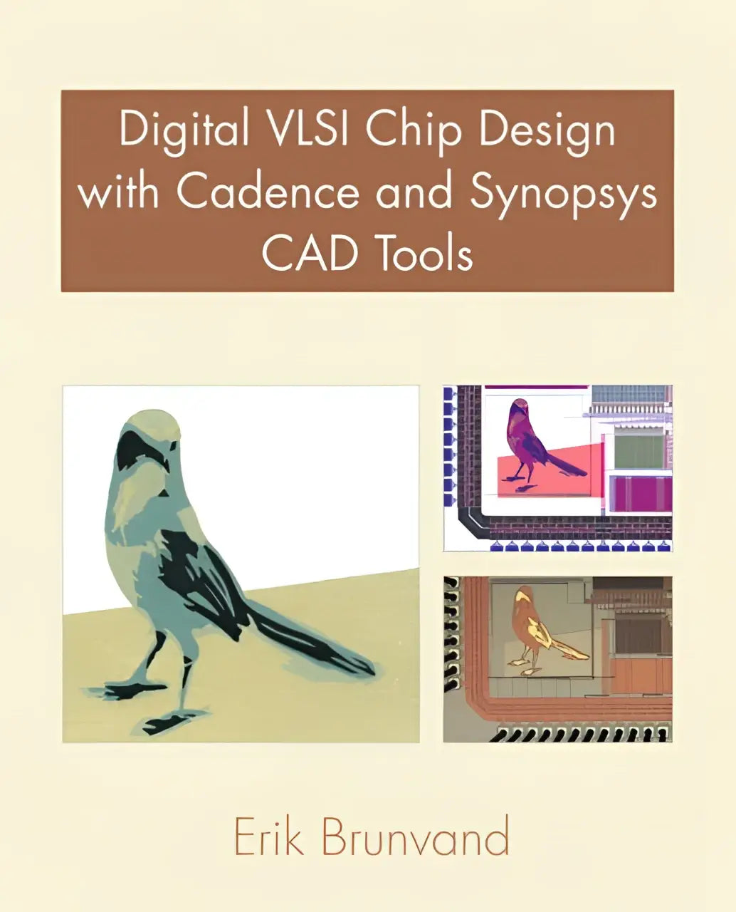 De boekcover toont een gestileerde vogel met teal en zwarte veren op een beige oppervlak voor digital vlsi chip design
