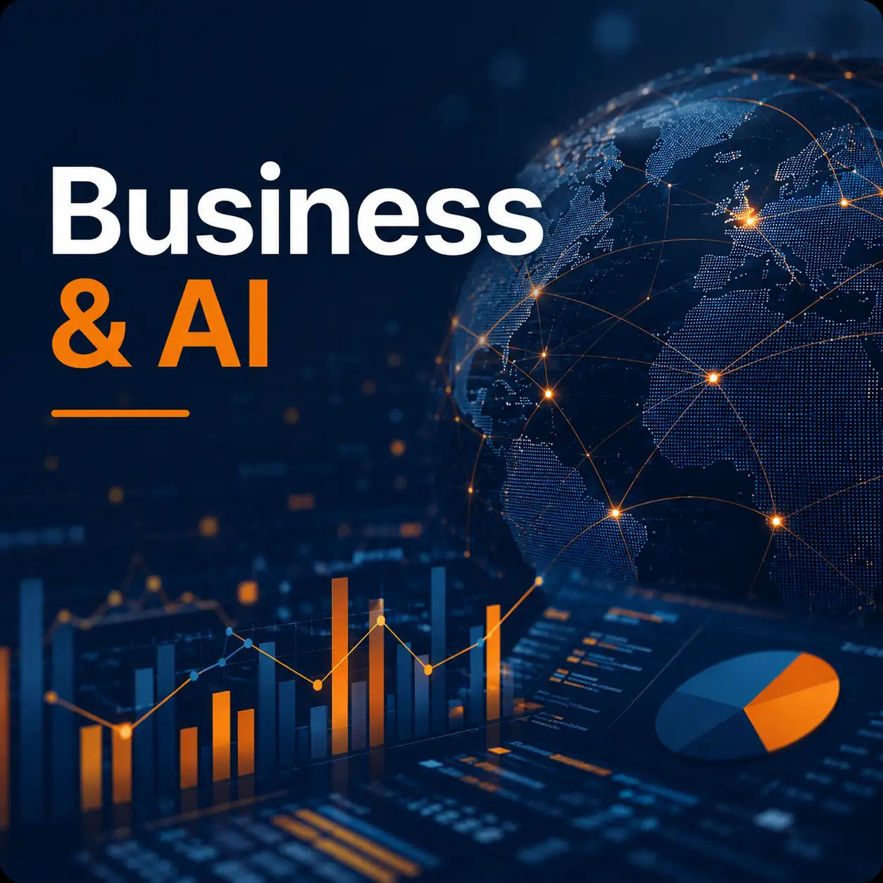 Digitale wereldbol met gloeiende netwerkverbindingen en datagrafieken in een futuristisch thema voor businessanalytics.