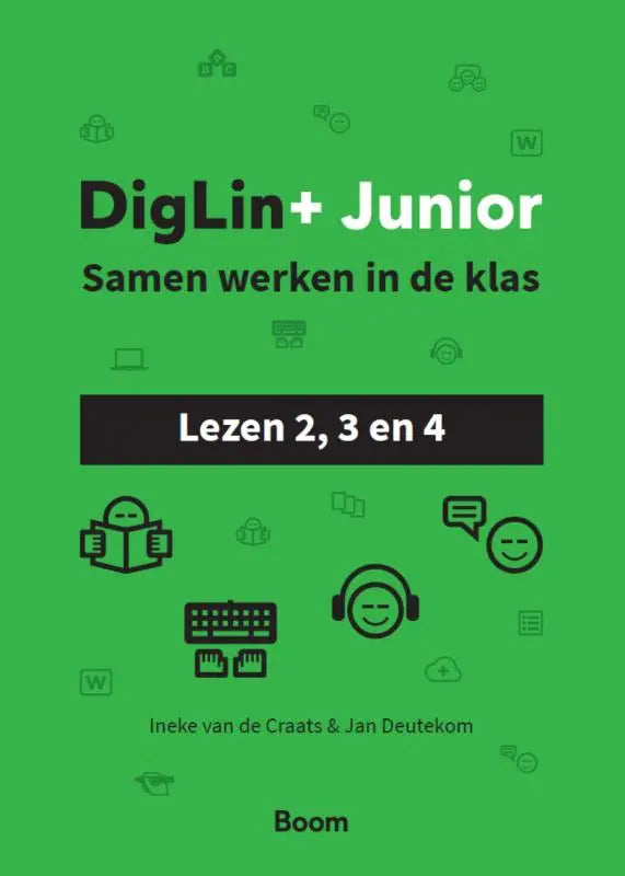 Groene boekomslag van diglin junior lezen 2 3 en 4 met zwart witte iconen en titel in vetgedrukte tekst