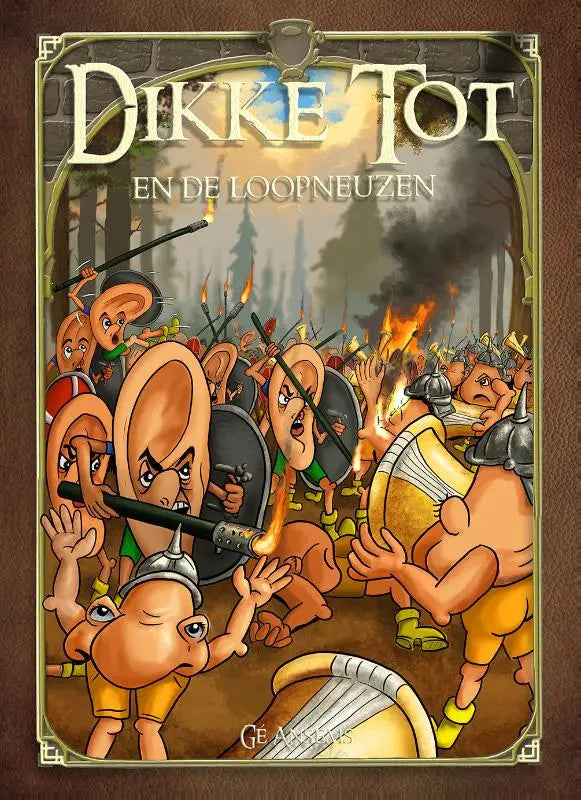 De cover van het bordspel dikke tot en de loopneuzen toont een levendige cartoonillustratie van middeleeuwse strijders in oranje en bruin door uitgeverij macc