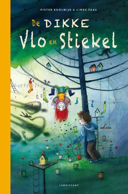 De cover van het kinderboek dikke vlo door pieter koolwijk met een kleurrijke illustratie in groen en blauw