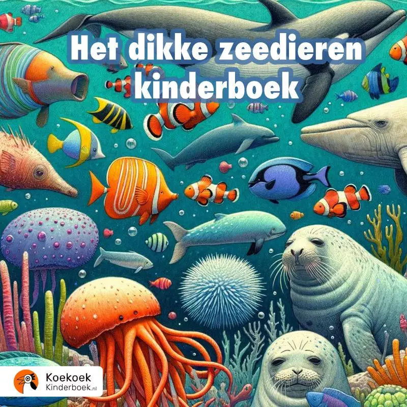 Vibrante onderwater scène met kleurrijke zeedieren zoals dolfijnen en clownvis in het dikke zeedieren kinderboek
