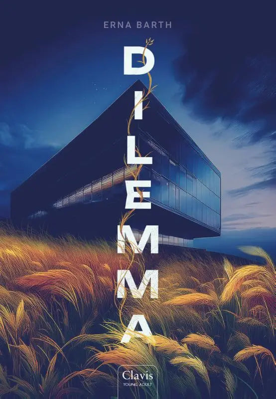 Boekcover van dilema door erna barth met moderne glazen gebouw, schemerlucht en gouden gras voor jonge lezers