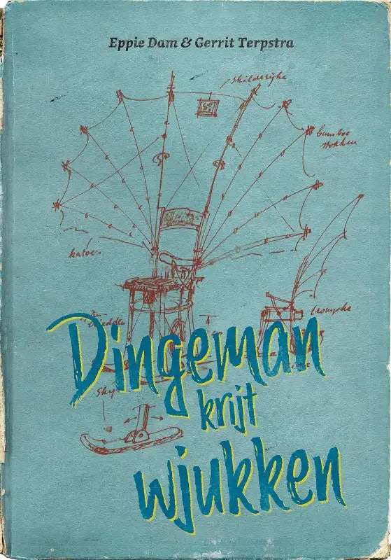 Lichtblauwe boekomslag dingeman krijt met rode lijntekening van een fantasierijke stoel met vleugels en label dingeman krijt wjukken