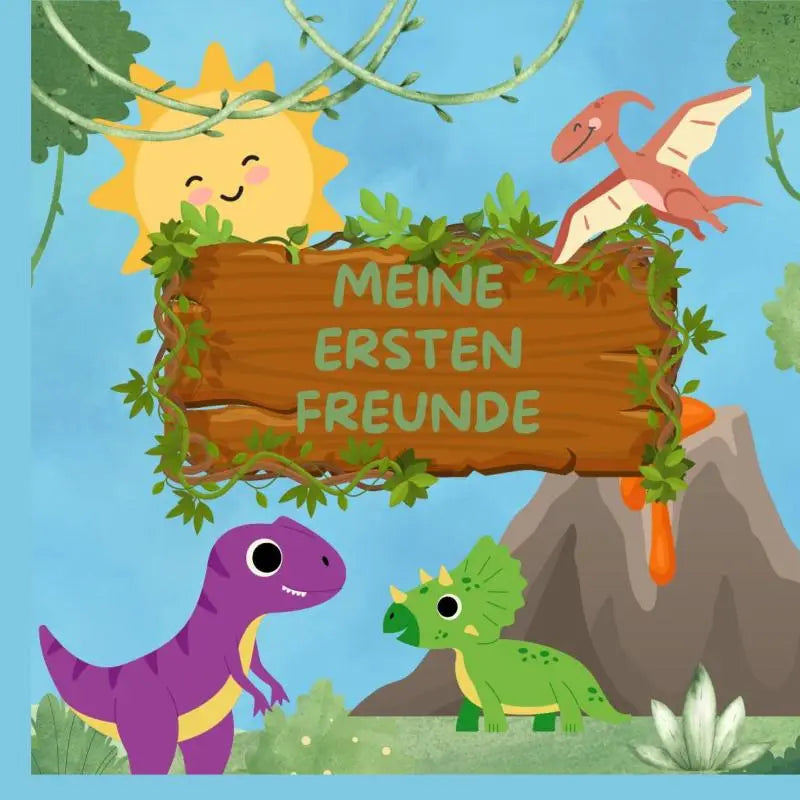 Houten bord mit groene ranken und text meine ersten freunde cartoonillustration mit dinos ein reise durch kindliche freundschaften
