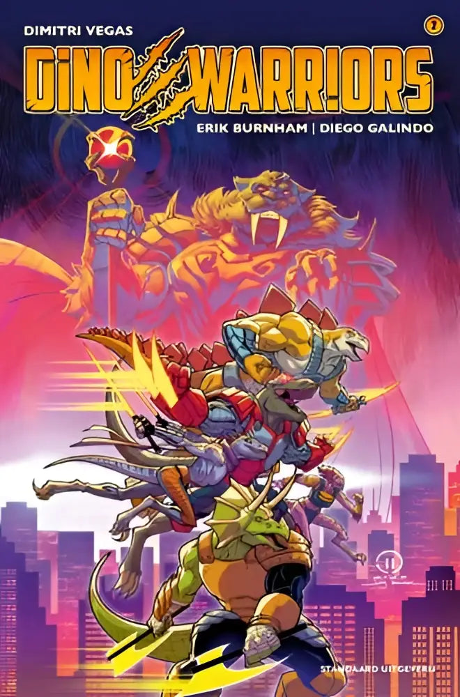 De levendige cover van de dino warriors 2 comic toont gewapende dinosaurussen in een stadsgevechtsscène