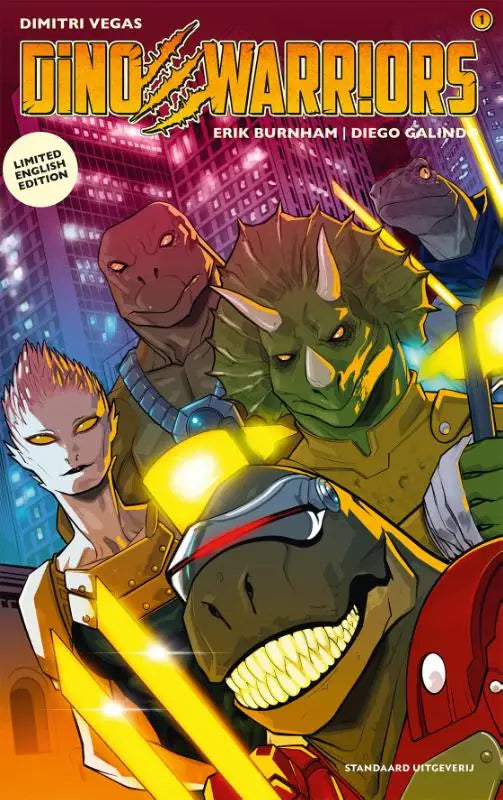 Cover van dino warriors engels 1 met levendige, gestileerde dinosauruskrijgers in dynamische poses tegen een gloeiende stadsachtergrond