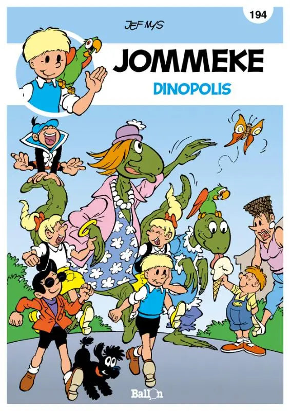 Jommeke strips algemeen comic cover jan ruysbergh jef nys colorful children and dinosaurs in dinopolis outdoor scene