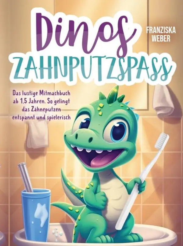 Groene cartoon dinosaurus met witte tandenborstel in das lustige mitmachbuch für entspanntes zähneputzen ab 1,5 jahren