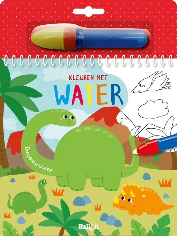 Een kleurrijk dinosaurussen binnen speel-boek met cartoon dino’s op de omslag en een blauwe en gele stift erbij