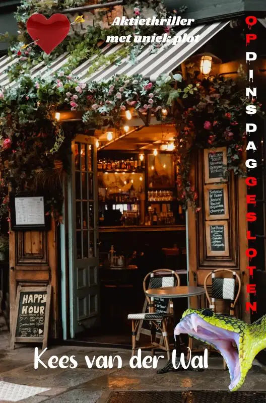 Een felgroene en gele opblaasbare slang met wijdopen mond voor een bloemrijk café bij dinsdag gesloten met uniek plot