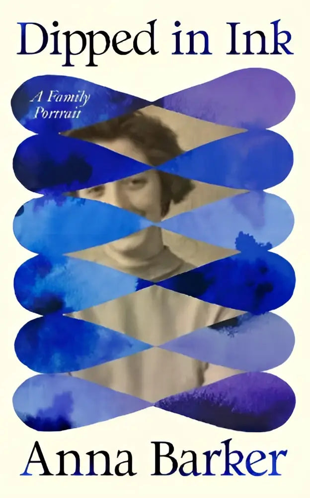 Het boek cover van dipped in ink een persoonlijke verhalen van anna barker met blauwe en paarse inktvlekken bij hamish hamilton