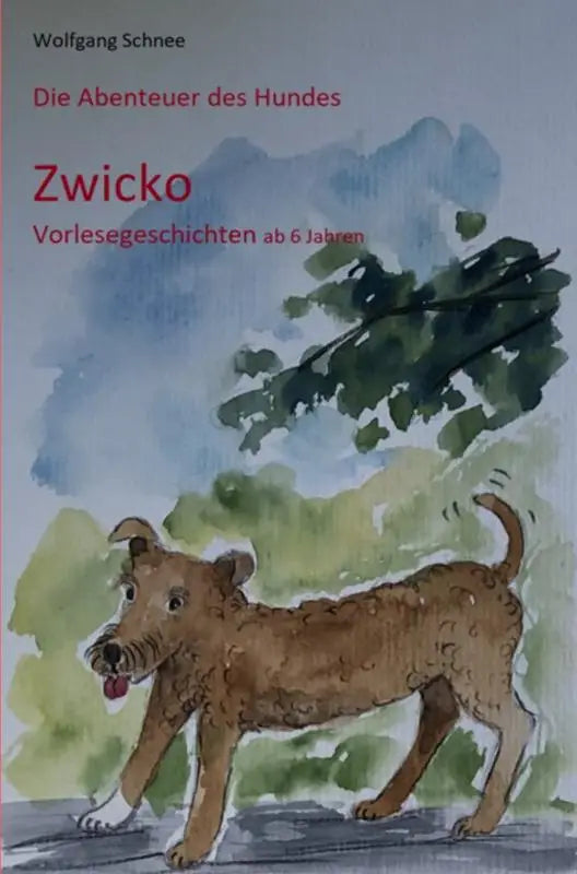 Aquarellillustratie van een bruine, krullende hond met witte poten en uitgestoken tong voor dir abenteuer des hundes und lesebuch