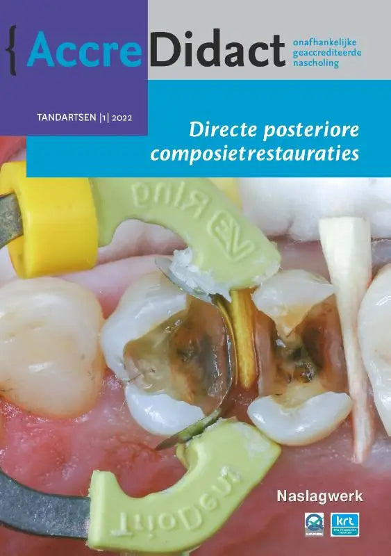 De cover van het 2022 accredidact dental boek directe posteriore composietrestauraties met gele en lichtgroene dental molds van bas loomans prelum uitgevers