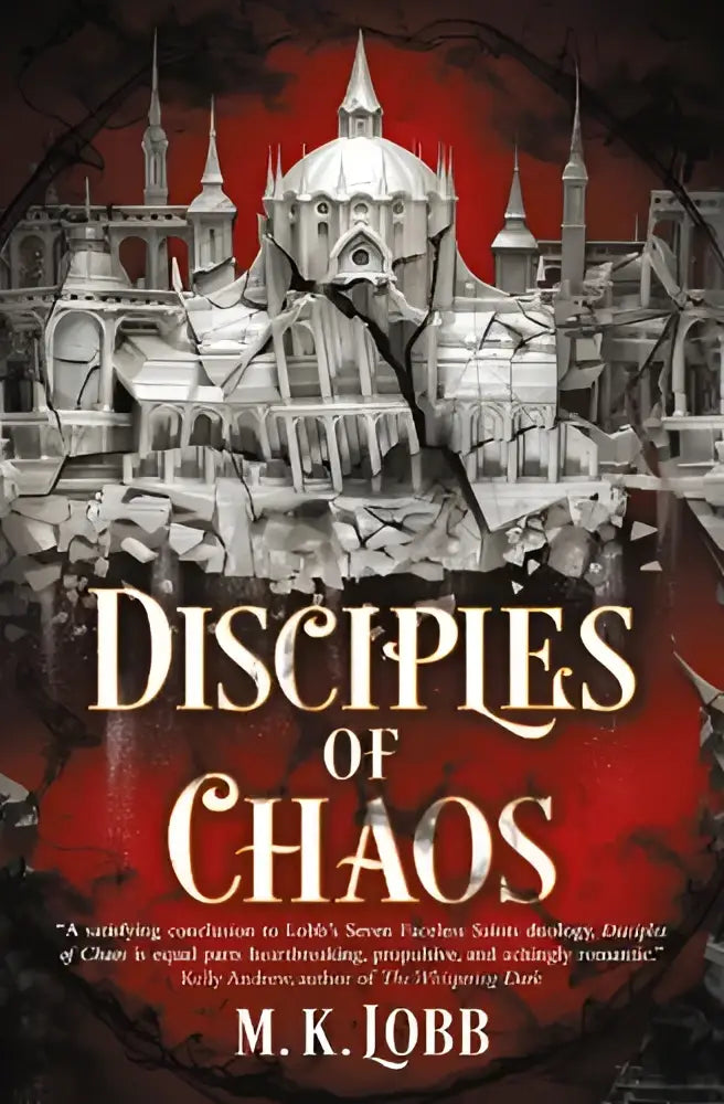 De cover van het boek disciples of chaos toont een gothic stijl kasteel op een rode achtergrond met de seven faceless saints