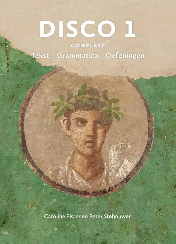 Vintage mozaïekportret van jonge man met lauwerkrans in ovale lijst op groene beige achtergrond voor leergang latijn