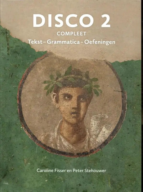 De cover van disco 2 compleet leergang latijn toont een cirkelvormig mozaïekportret met aardetinten en groene bladeren