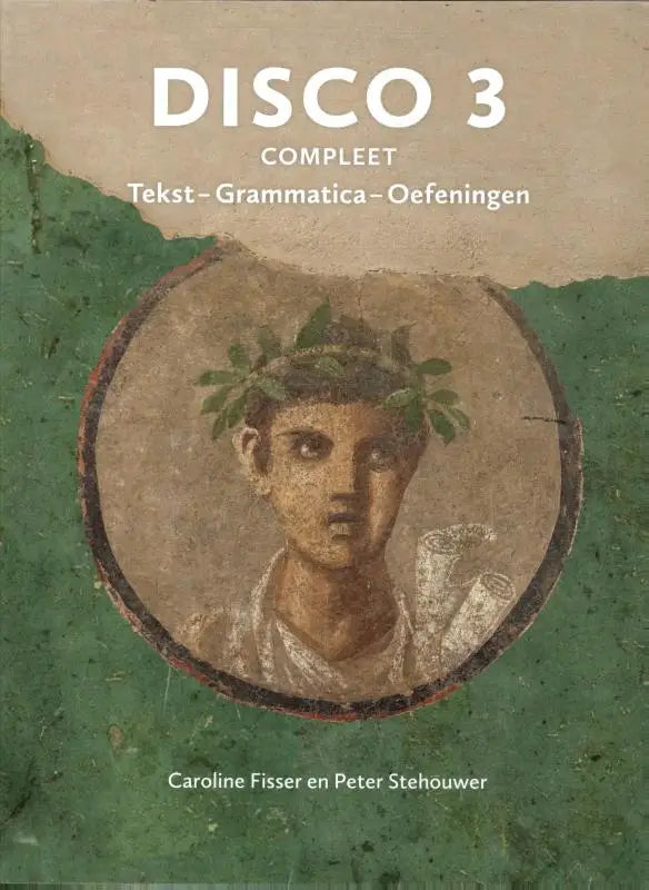 Cover van disco 3 compleet leergang latijn met een groene mozaïekportret van een oude figuur met bladeren en rollen