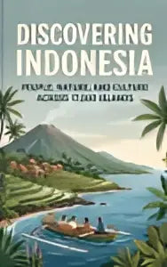 De boekcover van discovering indonesia toont de titel in vet groene en witte letters en cultuur across 17.000 eilanden