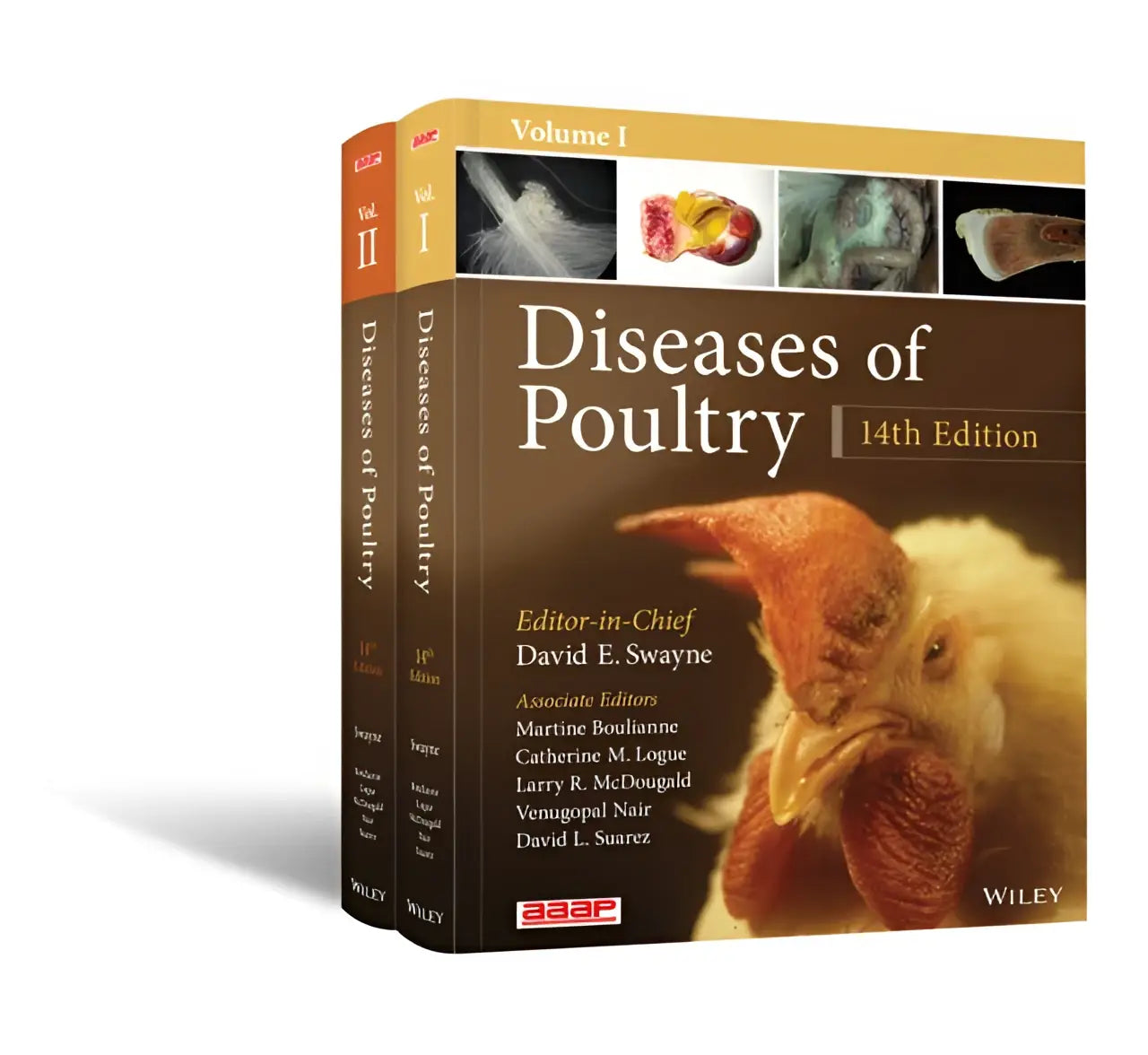 Bruine hardcover boeken diseases of poultry 14e editie met close-up van haan, wiley, definitieve reference volume set veterinaire geneeskunde