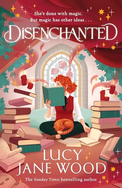 Een levendige rode en gouden fantasy boekcover van disenchantend met een jonge vrouw met krullend rood haar door lucy jane wood