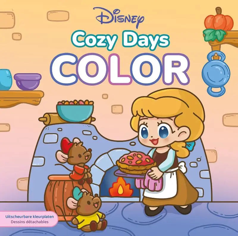Disney cozy seasons kleurboek met cinderella in schort die een taart vasthoudt en haar muizenvrienden naast haar in disney cozy stijl