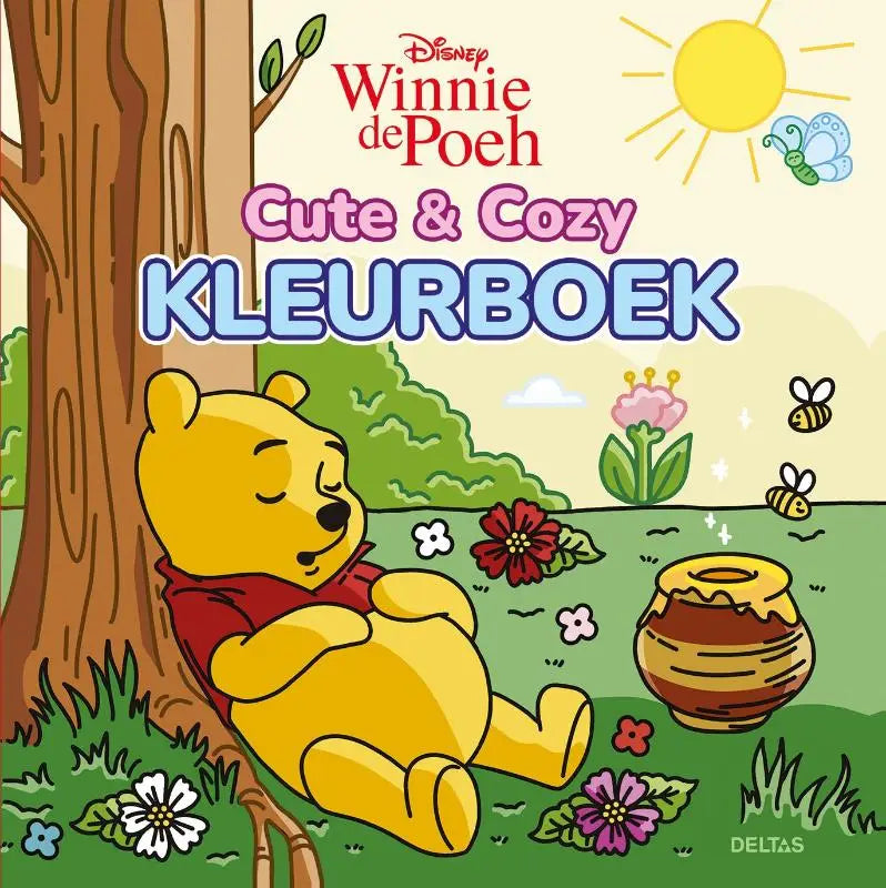 Gele winnie de poeh in een rood shirt rust onder een boom naast een honingpot in disney cute & cozy kleurboek winnie de poeh