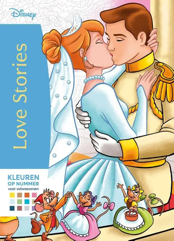 Disney love stories kleuren op nummer voor volwassenen met assepoester en de prins in een romantische omarming