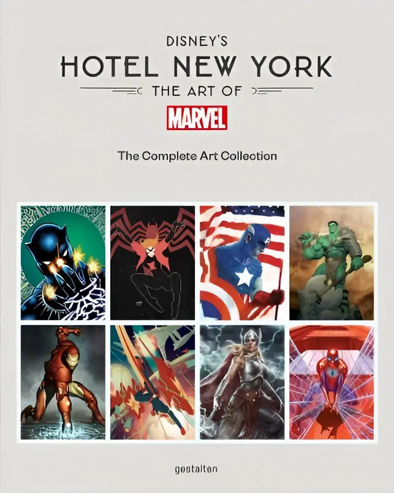 Boekomslag disney’s hotel new york the art of marvel met raster van acht kleurrijke comickunstpanelen van iconische helden