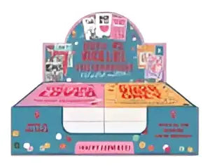 Pastelkleuren display happy confetti box met speels design en love branding voor scheur schrijf en verras kaarten