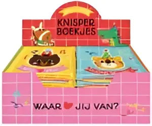 Display knisperboekjes vol liefde in roze en geel met chocolade thema puzzels geschikt voor jonge lezers