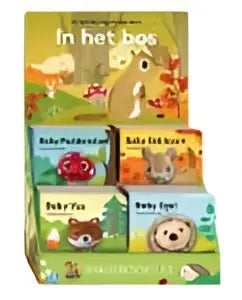 Box met display vingerpopboekjes in het bos met kleurrijke bee baby verpakking en pluizige vingerpopje voor jonge lezers