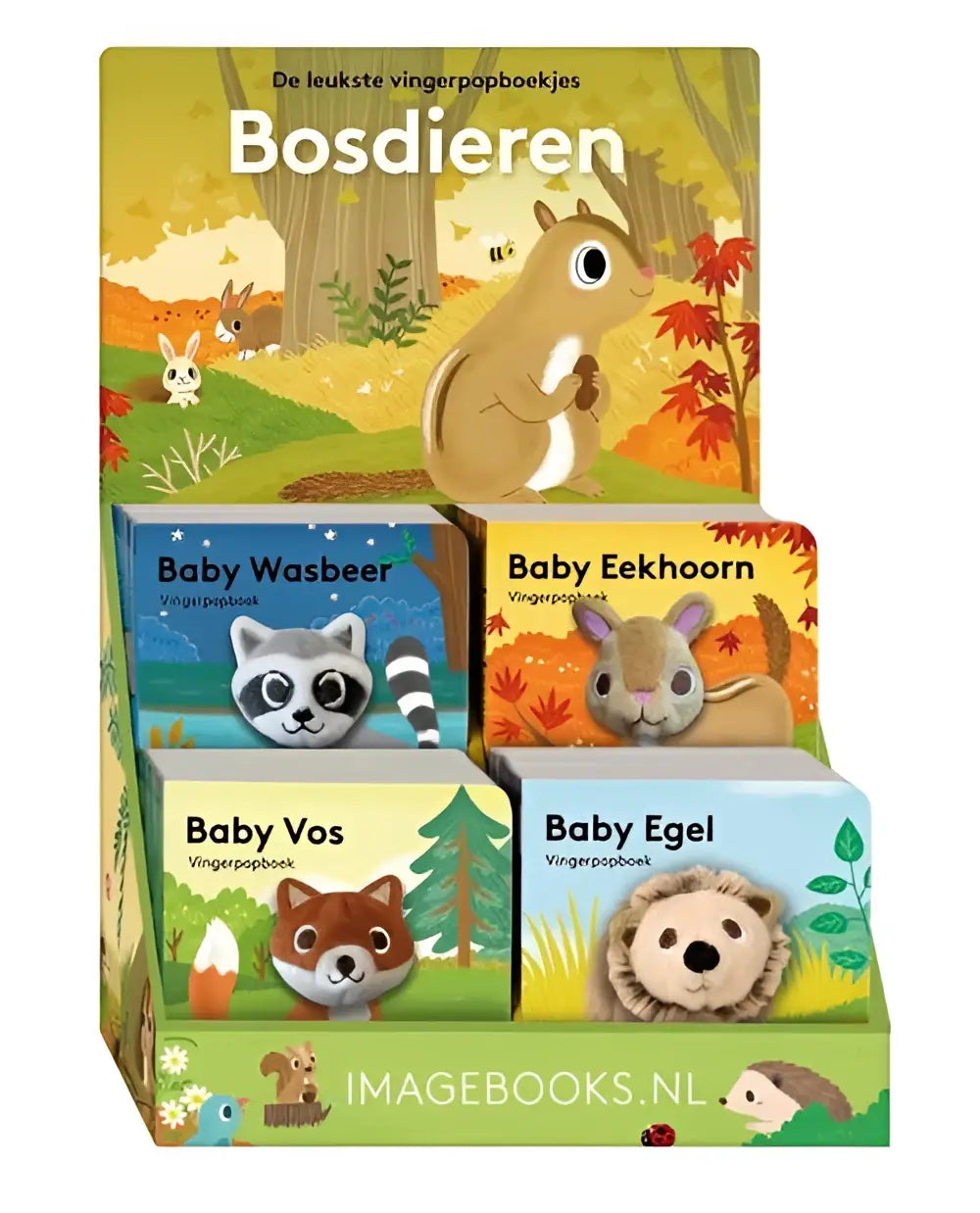 Set van vier kleurrijke zachte vingerpoppen bosdieren met eekhoorn, vos, egel en wasbeer display vingerpopboekjes bosdieren 4tx4e