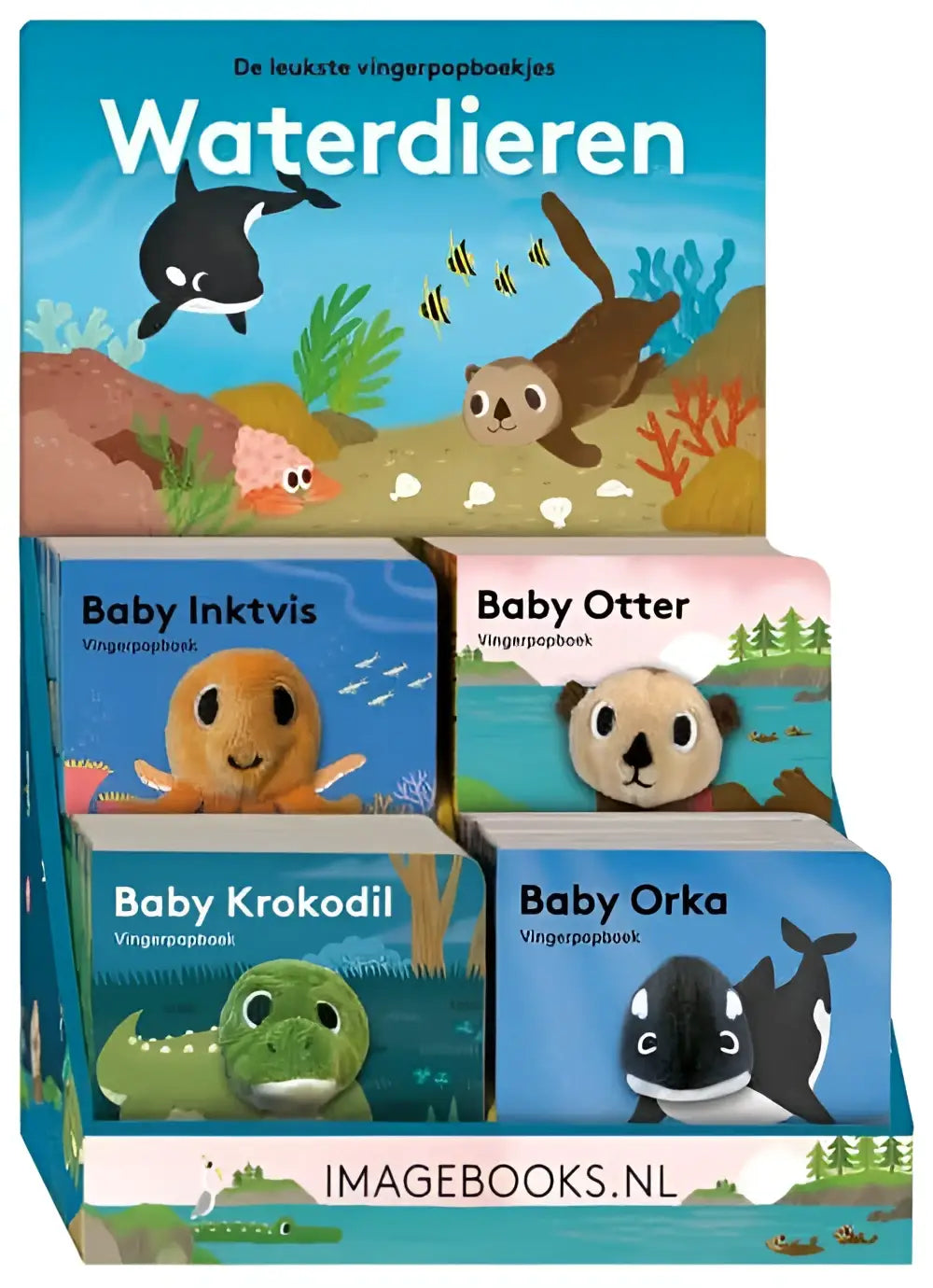 Set van vier kleurrijke plush fingerpoppen als display vingerpopboekjes waterdieren voor jonge lezers