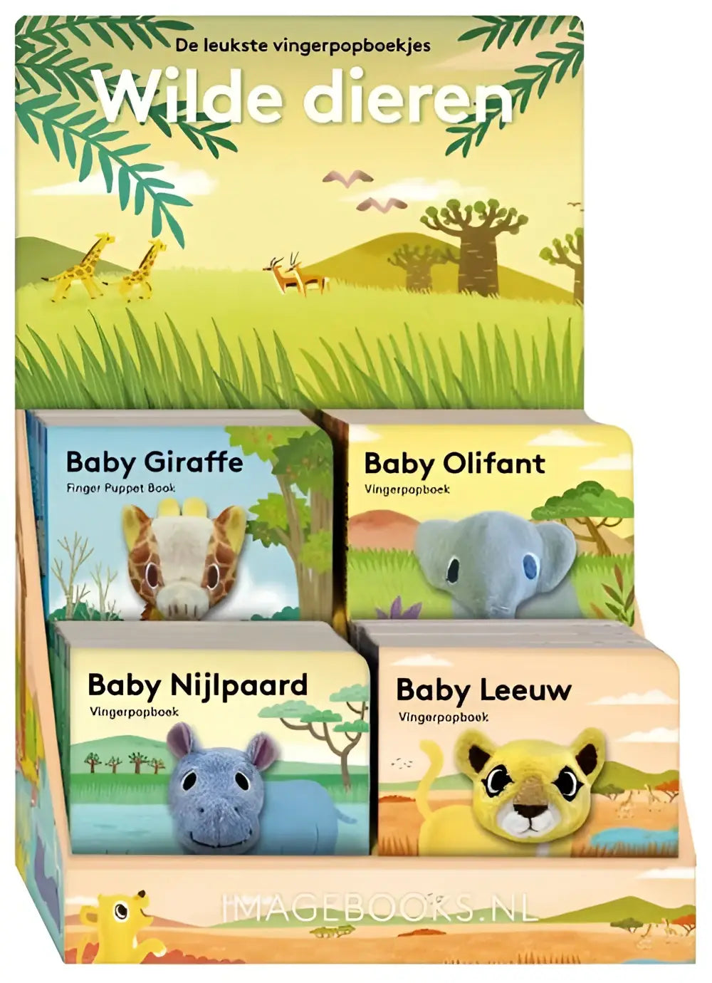 Set van vier kleurrijke vingerpopboekjes wilde dieren met pluizige giraffe, olifant, nijlpaard en leeuw voor verhalen