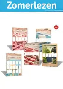 Display van 5 ex zomerlezen 2026 met kleurrijke covers in een samengesteld pakket voor leesplezier zomer