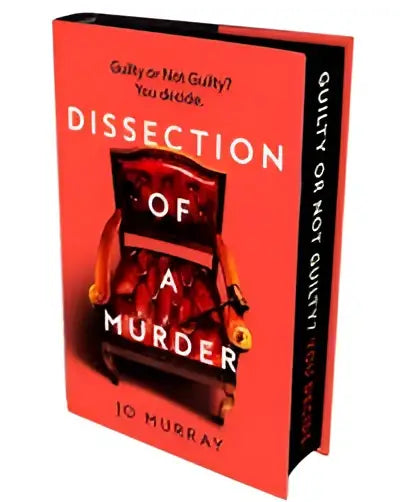 Rode hardcover editie van dissection of a murder door jo murray met illustratie van stoel en bloedvlekken over silent defendant