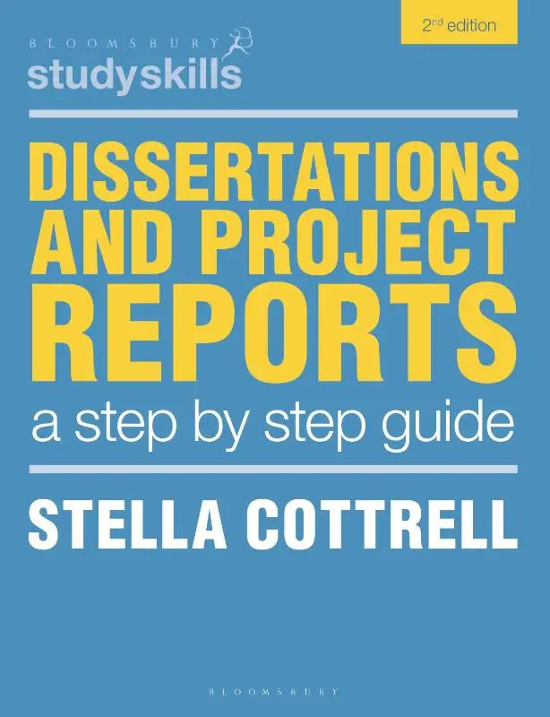 Blauwe boekomslag met opvallende gele titel en witte auteursnaam van bloomsbury studyskills over dissertations en project reports stap voor stap begeleiding