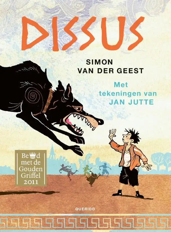 De cover van het geïllustreerde boek dissus door simon van der geest met een zwarte wolf en een jongen in oranje jas, moderne nederlandse bewerking