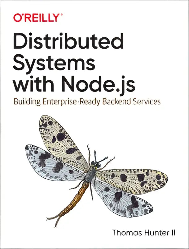 De boekcover van distributed systems with node.js toont een gedetailleerde libelle illustratie voor performant backend services