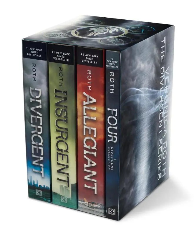 The divergent series four-book paperback box set by veronica roth with four hardcover books in color-coded spines and black box