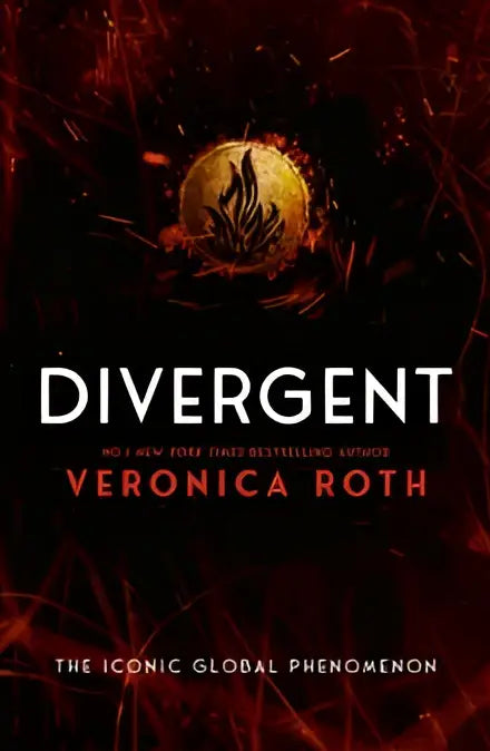 The book cover of divergent by veronica roth shows the title in bold white and a golden flame emblem representing tris