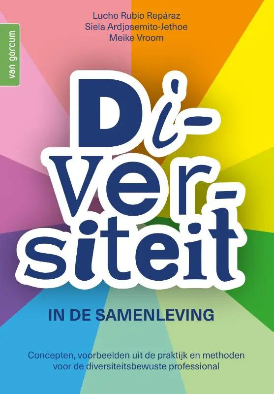 De boekcover van diversiteit in de samenleving door lucho rubio repàraz toont navyblauwe letters met witte outline op regenboogachtergrond