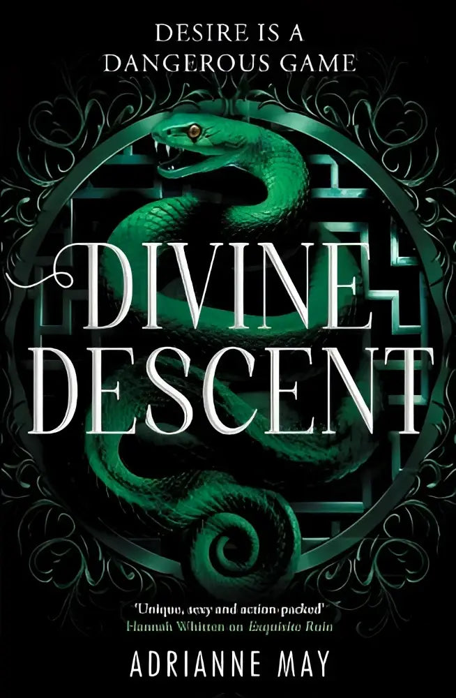 Een groene slang gekronkeld in een elegante cirkelvormige lijst op een donkere achtergrond voor divine descent met thema betrayal and desire