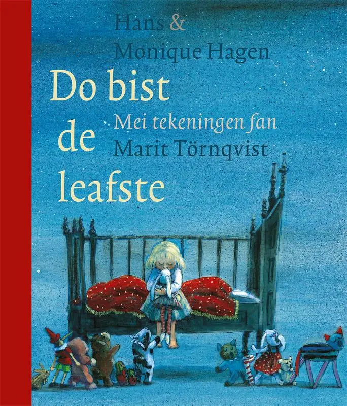 Blauw kinderboekdoosje do bist de leafste met meisje in lichte jurk op donker bed en fantasiedieren